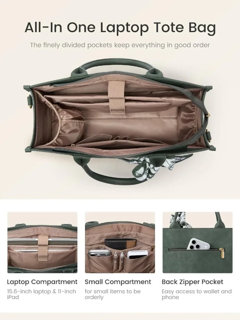 Vintage Laptop Tote Bag for Women | Waterproof Work Bag with Cup Holder & Scarf